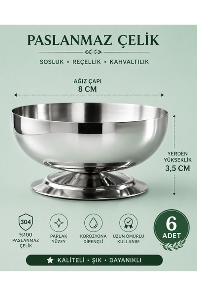 Fiyakalı Ürünler Atölyesi طقم أوعية تقديم من الفولاذ المقاوم للصدأ بقاعدة 6 قطع، 8 سم |   وعاء للمربى، وعاء للصلصة، وعاء للوجبات الخفيفة، وعاء للإفطار، وعاء للمقبلات، وعاء للمخللات، للتقديم، للهدايا