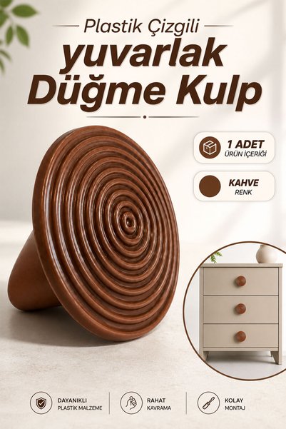 Badem10 Plastik Çizgili Yuvarlak Düğme Kulp 1 Adet Kahve Çekmece Mobilya Dola...