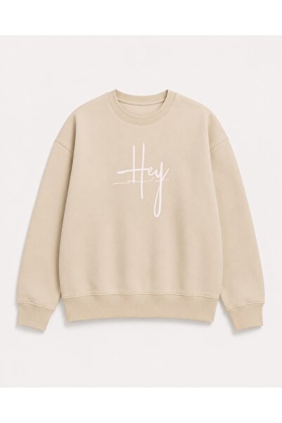 herkesemoda Hey Text Print Detailed Embroidered 2 Thread Crew Neck Sweatshirt
