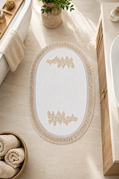 Bonny Home Gold Lace Non-Slip Leather Based Oval Bath Mat with Tassels Washab...