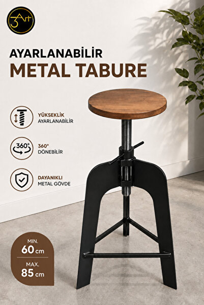 3Art Metal Dekorasyon Tic.Ltd.Şti Ayarlanabilir Bar Taburesi - Ahşap Oturaklı...