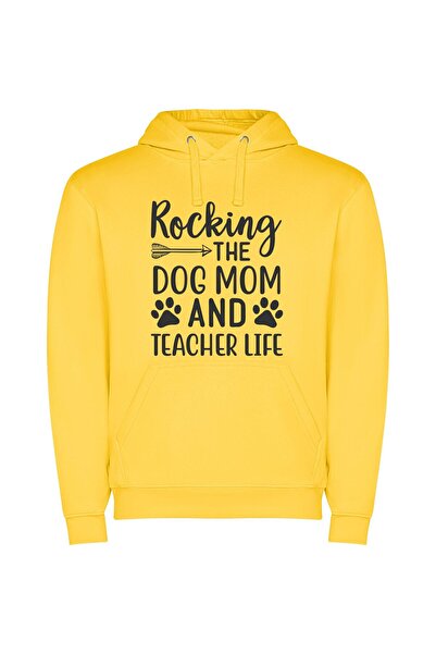 iLovePrints Rocking the Dog-Teacher Life! Φούτερ με κουκούλα σε χρώμα Κίτρινο