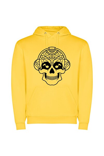 iLovePrints Floral Aztec Skull Φούτερ με κουκούλα σε χρώμα Κίτρινο