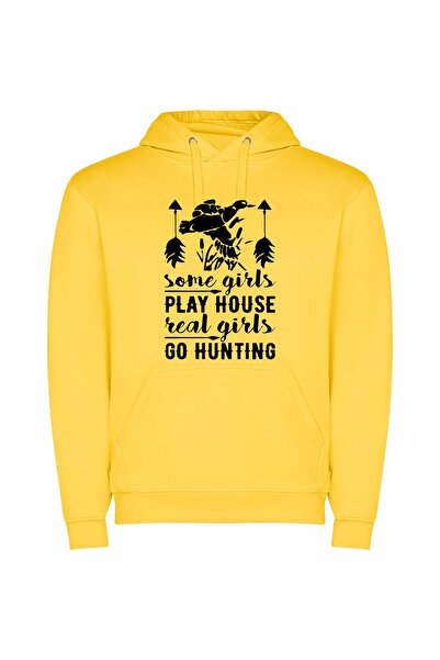 iLovePrints Genuine Girls Go Hunting Φούτερ με κουκούλα σε χρώμα Κίτρινο