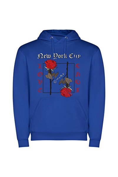 iLovePrints NYC Noir: Black Rose Φούτερ με κουκούλα σε χρώμα Μπλε