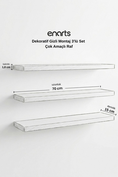 Enarts Premium MDF Raf Gizli Montajlı Ceviz Renk Uçan Raf 15x70 cm 3 Adet Çok amaçlı Kitaplık Mutfak Banyo Salon Rafı