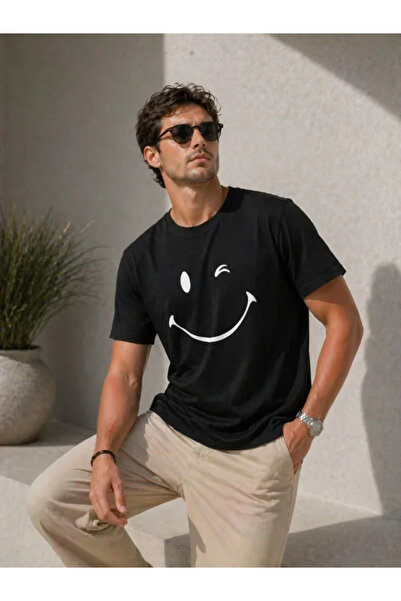 MODA ŞEHRİ Men's Minimal Smiling Face Printed T-Shirt Short Sleeve Summer T-S...