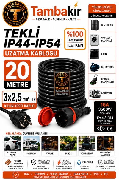 Tambakır 5-50 Metre 3x2,5mm TTR Tekli Kauçuk Topraklı Uzatma Kablosu %100 Tam...