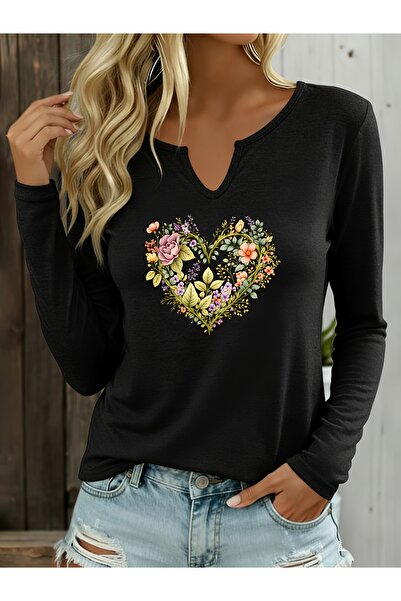 mercoledi Heart Printed Cotton Half V-Neck Long Sleeve Blouse
