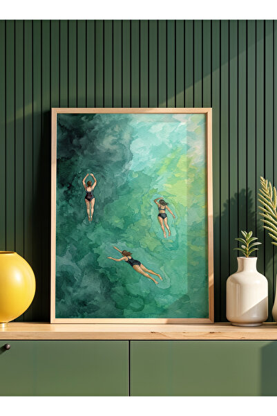 Creatick Design Yeşil Çizgili Ham Ahşap Çerçeveli Mutfak Salon İllüstrasyon T...