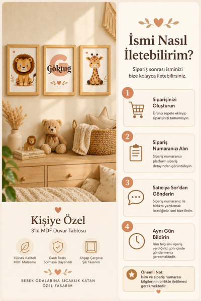 pixelogart Kişiye Özel İsimli 3'lü Aslan Zürafa Kız Erkek Bebek Çocuk Odası Ahşap Çerçeveli MDF Tablo Seti