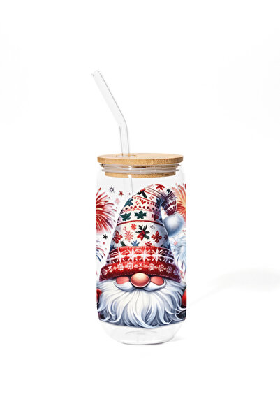 Pahar Cana din sticla cu capac din bambus - Pitic de Crăciun VII