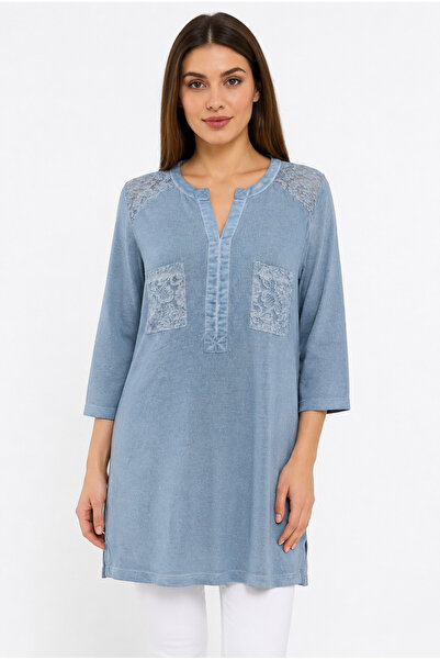 Neden Tekstil Women's Blue Lace Detailed Long Knitwear Blouse