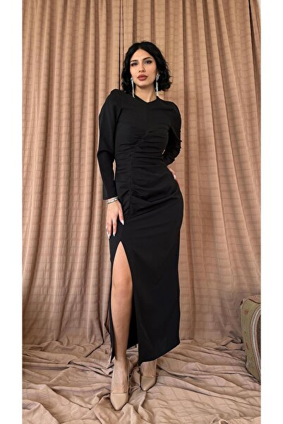 Moda Days Women's Black Long Dress, Crew Neck, Long Sleeves, Gathered, Slit, ...