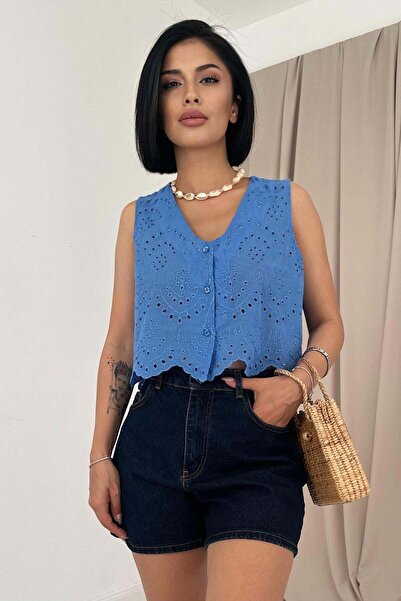 Moda Days Γυναικεία μπλε μπλούζα με λαιμόκοψη V, αμάνικη, με κουμπιά, κυματισ...