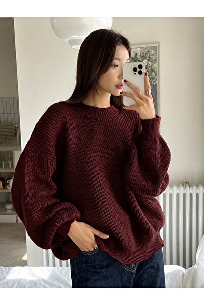 DepoExport Kadın Premium Bisiklet Yaka Oversize Triko Kazak Yumuşak Örme Kazak