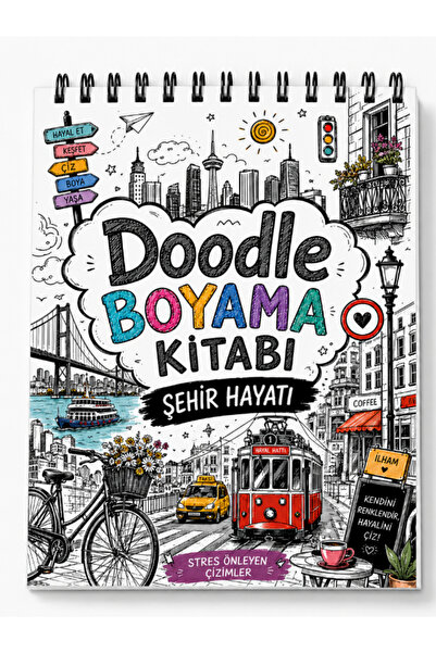 Pembe Yayınevi Doodle Mandala Boyama Kitabı - Yetişkinler İçin Rahatlatıcı Boyama Sayfaları - Şehir Hayatı