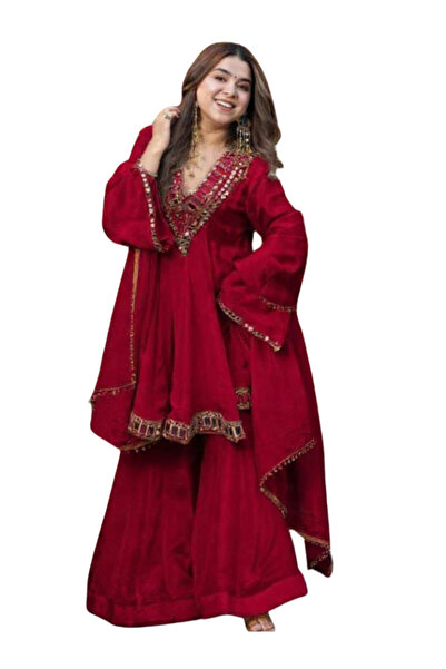 MYSMAR Maroon Chinon Mirror Work Plazzo Set with Dupatta - FFT7504 | Maroon-S...