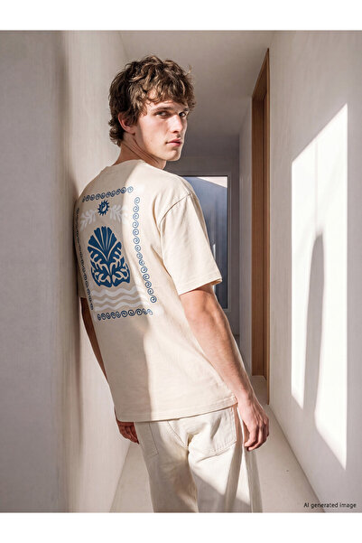 LC Waikiki Xside Ecru Crew Neck Printed Men's T-Shirt