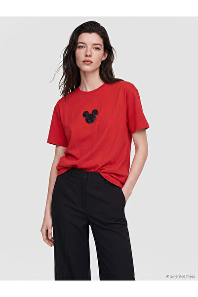 LC Waikiki Red Minnie Mouse Embroidered Cotton Women's T-Shirt