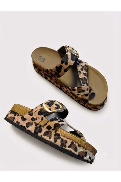 McDark Women's Platform Sole 6 cm High Flat Cork Single Toe Slippers-Leopard