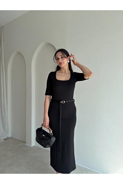 Mooi Butik Dori̇ka Belted Midi Dress 8905 - Black