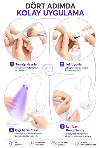 indirimsevinci UV LED Tırnak Kurutma Lambası Klipsli USB Jel Oje Kurutucu 360° Esnek Boyun Ayak Pedallı