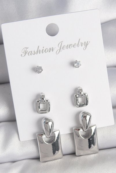 Clariss Brass Silver Color Zircon Stone Detail Dangle Square Model 3 Pair Wom...