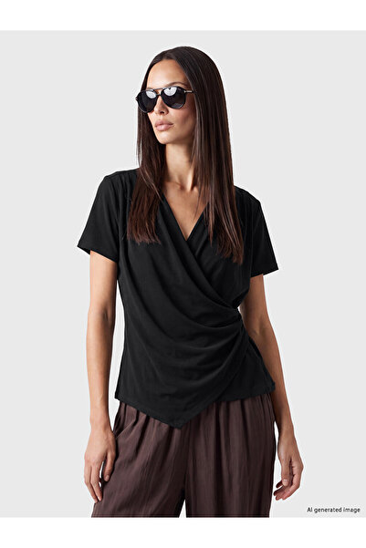 LC Waikiki Peak New Season Black Double-Breasted Collar Pleated Blouse
