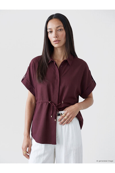 LC Waikiki Burgundy Lace-Up Oversize Women's Shirt