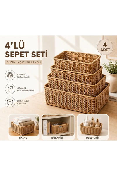 SELÇUK Luxury 4-Piece Wicker Rectangular Organizer Basket Set