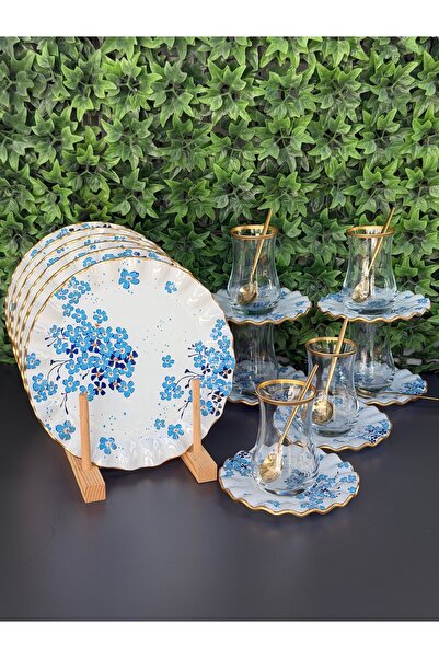 Hediye Köşkü Myosotis Gold Yaldızlı 24 Parça 6 Kişilik Cam Çay ve Pasta Sunum...