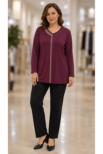 öztekstilMK Wide Size Viscose Stone-Faced Mother's Combed Cotton Blouse