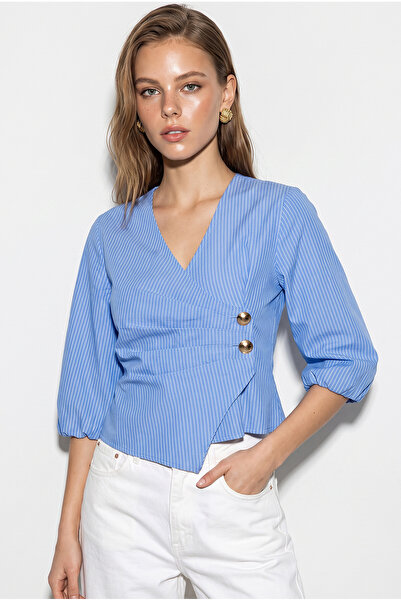 Bianco Lucci Women's Striped Double Breasted Collar Button Detailed Blouse 60...