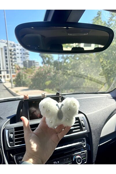 senfida Otomobil dikiz süsü kelebek peluş beyaz kelebek dikiz ayna süsü