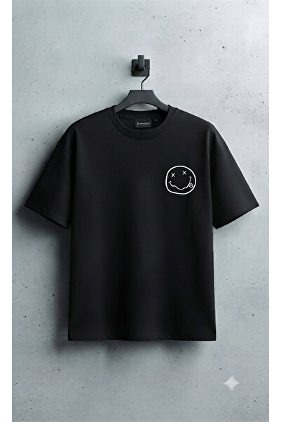 Lideral Unisex Black Nirvana Smile Printed Oversize Fit Crew Neck Premium T-S...