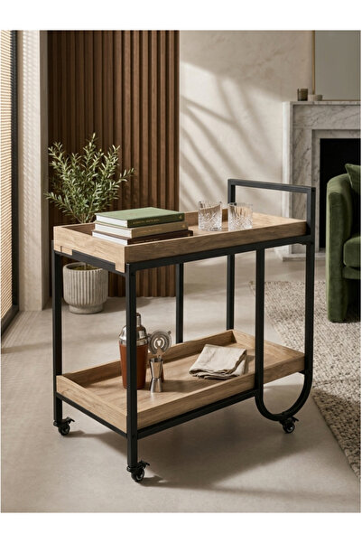 DEC22 Modern Rove Wooden Trolley with Metal Legs and Movable Wheels