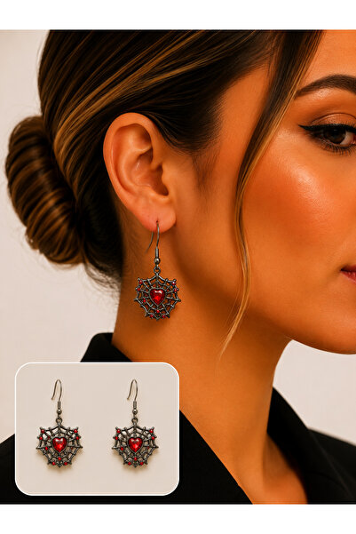 synshop Gothic Spiderweb Earrings Red Heart with Stone Dangle Black Metal Y2K...