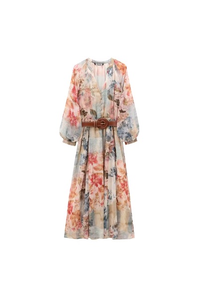 Generic Brand Women's Floral Dress with Belt, Long Sleeve, M-L Sizes, Waterco...