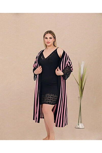 SS HOME CONCEPT Plus size striped lace embroidered 2-piece viscose black nigh...