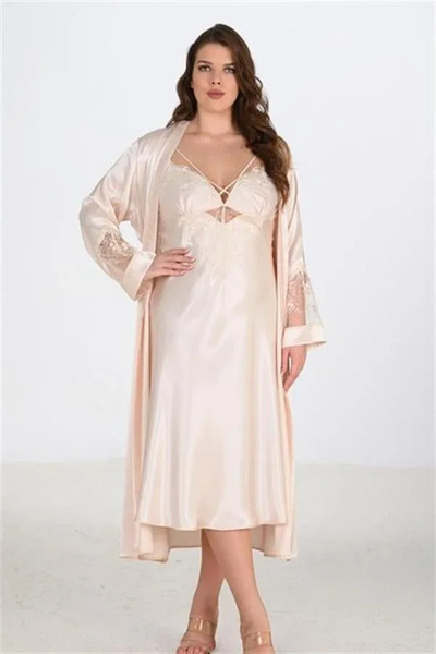 SS HOME CONCEPT Premium Plus Size Satin Lace Embroidered Ivory Long 2-Piece N...
