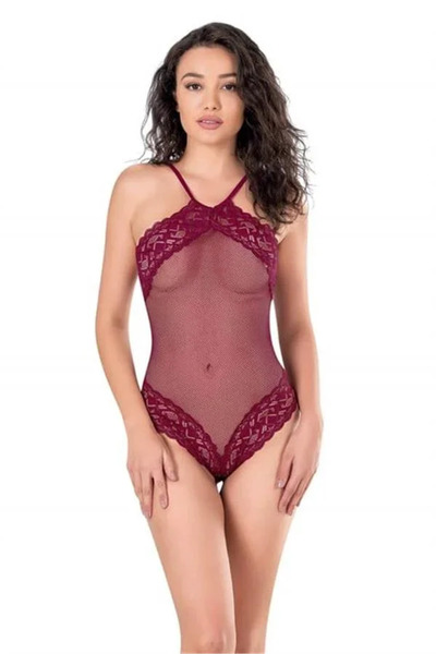 SS HOME CONCEPT Lace Embroidered Burgundy Mesh Tulle Bodysuit