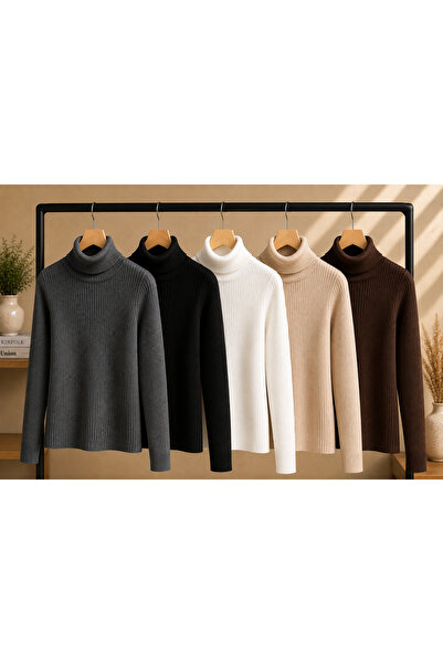 DepoExport Women's Body-Fitting Turtleneck Ribbed Knit Sweater