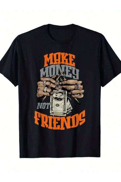 9JY تي شيرت رجالي بطبعة "Make Money Not Friends" - تي شيرت ستريت وير بلون زيت...