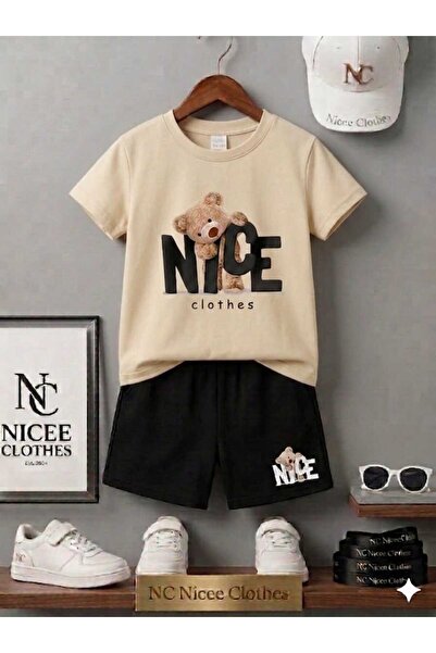Leto Lykia Summer Children's T-Shirt Shorts Unisex (Black with Nice Bear Print)