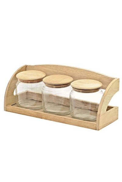 Quality Wood طقم من 3 قطع من أوعية التوابل المصنوعة من خشب المطاط والزجاج مع ...