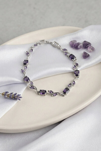 Lisinya Brass Silver Color Purple Zircon Stone Flower Model Women's Bracelet -