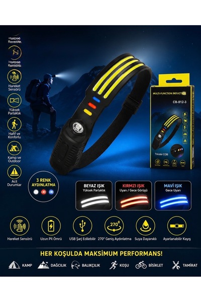 EMİN ENSAR HOME Sensörlü USB Şarjlı COB LED Kafa Feneri 3 Şerit Beyaz Işık 27...
