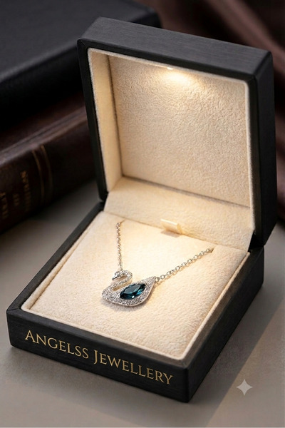 ANGELSS JEWELLERY Işıklı Kutuda Kuğu Kolye Zirkon Taşlı Silver Renk Mavi Taşl...