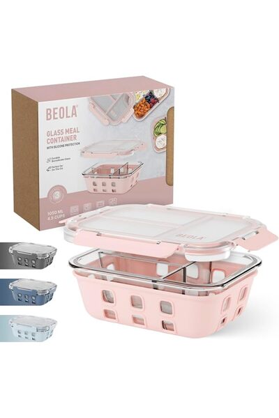 BEOLA 3 Compartment Glass Food Storage Container, Lunch Box, with Airtight Li...